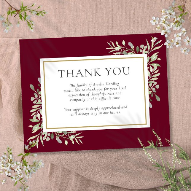 Begravning Burgundy Grönska Tack Anteckningskort (Funeral Burgundy Greenery Thank You Note Card)