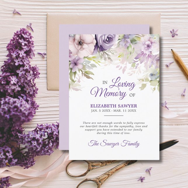 Begravning Lavendel Lila Violett Minne TACK Kort (Funeral Lavender Purple Violet Memory THANK YOU Card)