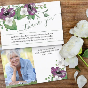 Begravning tackkort med foto och lila blommor tack kort