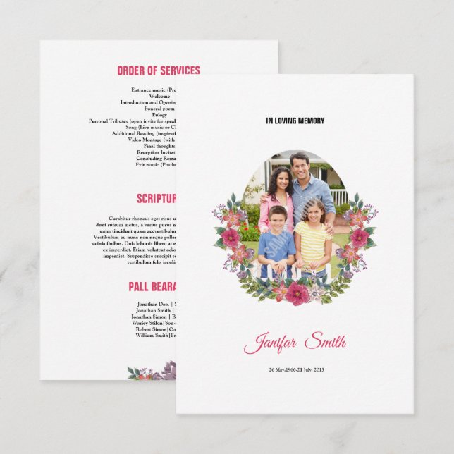 Begravnings- programmall inbjudningar (Fram/baksida)