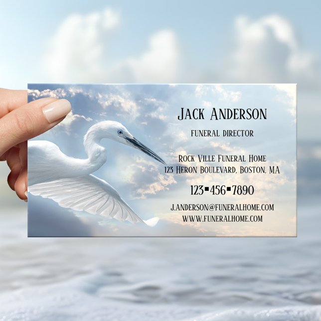 Begravningsbyrå Kort för Sky Heron (Business card with a blue heron against a lightly clouded sky - undertaker - funeral - embalmer)