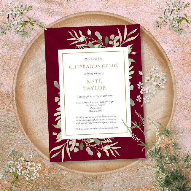 Begravningsfirande av liv Grönska Burgunder Inbjudningar (Funeral Celebration of Life Greenery Burgundy Invitation)