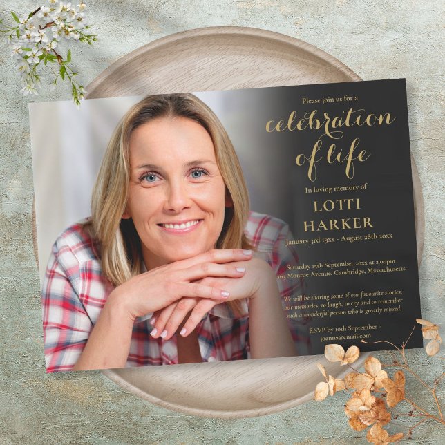 Begravningsfirande av livet Elegant guld foto Inbjudningar (Funeral Celebration of Life Elegant Gold Photo Invitation)