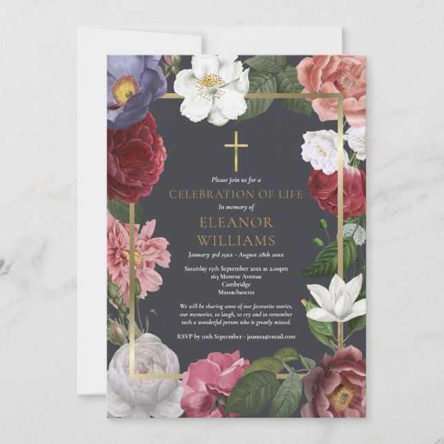 Begravningsfirande av livets rosblomma inbjudningar (Framsida)