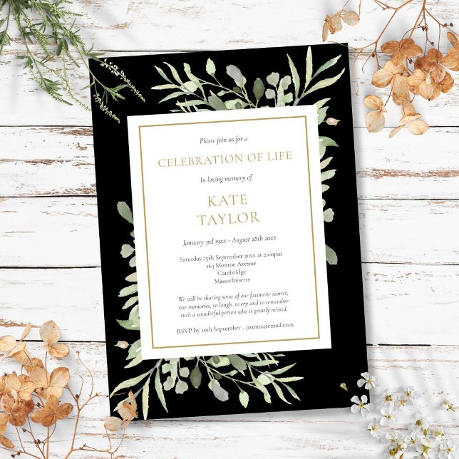 Begravningsfirande Grönt Guld Svart Inbjudningar (Celebration of Life Funeral Greenery Gold Black Invitation)