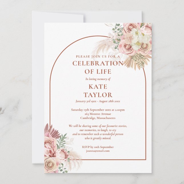 Begravningsfirande Liv Pampas Gräs Blommor Inbjudningar (Framsida)