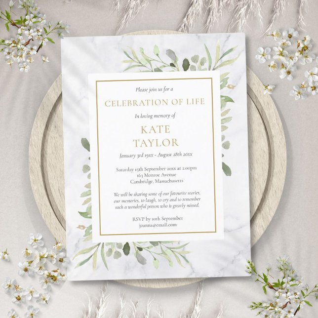 Begravningsfirande med grönska i marmor meddelande vykort (Greenery Marble Celebration of Life Funeral Announcement Postcard)