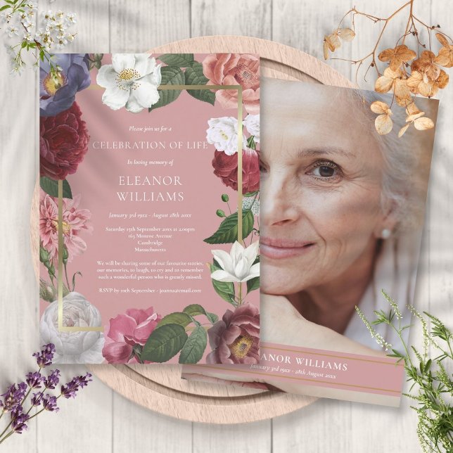 Begravningsfirande Rosa Ros Blommig Foto Inbjudningar (Celebration of Life Funeral Pink Rose Floral Photo Invitation)