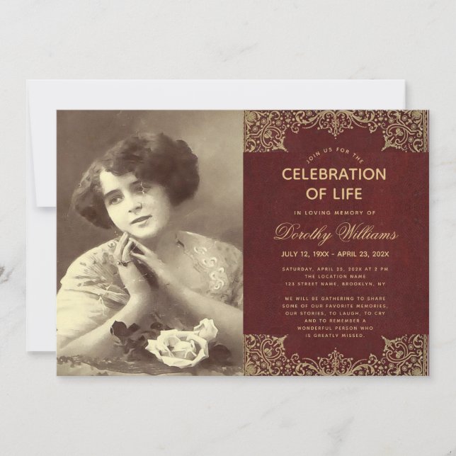 Begravningsfoto Firande av livet Burgunder Guld Inbjudningar (Framsida)