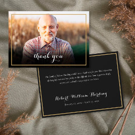 Begravningsfoto med elegant skrivstil i guldbildra tack kort