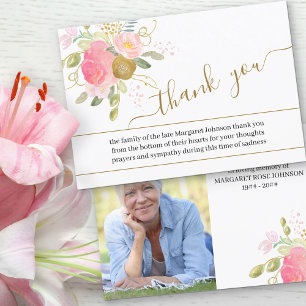 Begravningsfoto med rosa blommor och guldsnurrig t tack kort