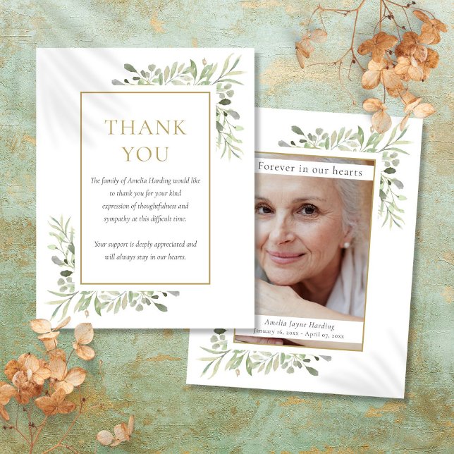 Begravningsfotots tackkort med grönska tack kort (Greenery Funeral Photo Thank You Card)
