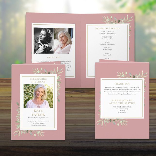 Begravningsgrönt minnesvikat servicemeddelande program (Funeral Greenery Memorial Folded Order Of Service Program)