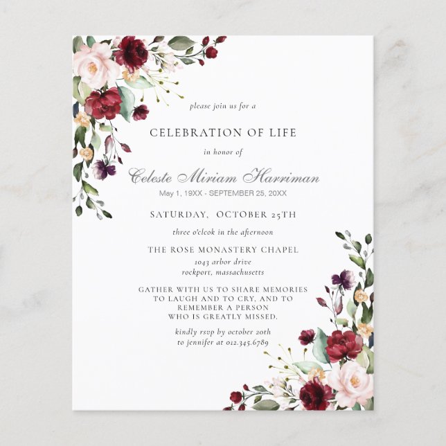 Begravningsinbjudan i burgunderröd ros blommig des (Framsida)