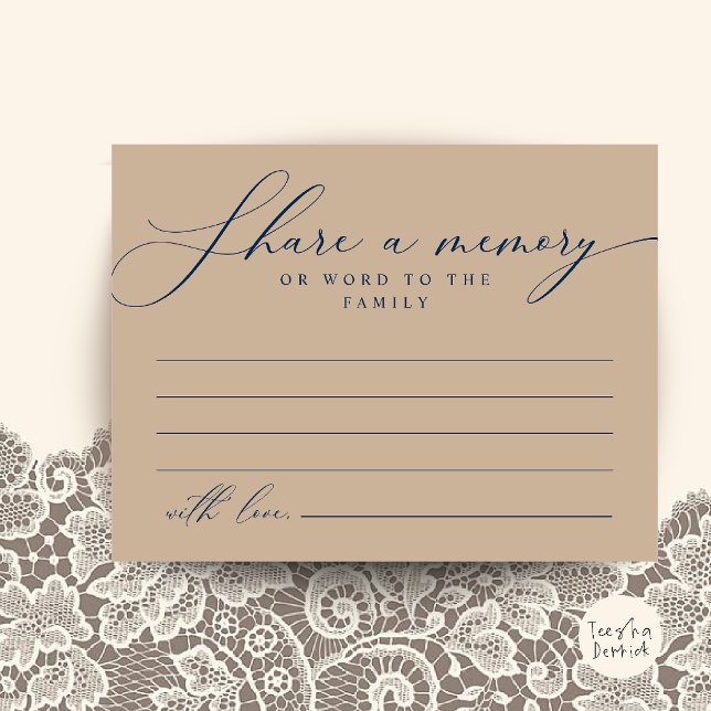Begravningskort för att dela minne vykort (Funeral Service, Share a memory Memorial Card in Navy Blue and Tan)
