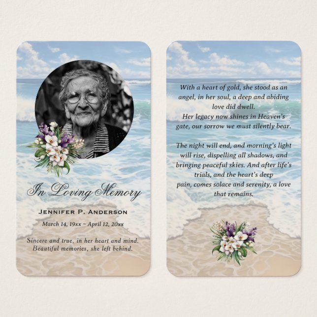 Begravningskort med blommor och strandfoto visitkort (Framsida & baksida)