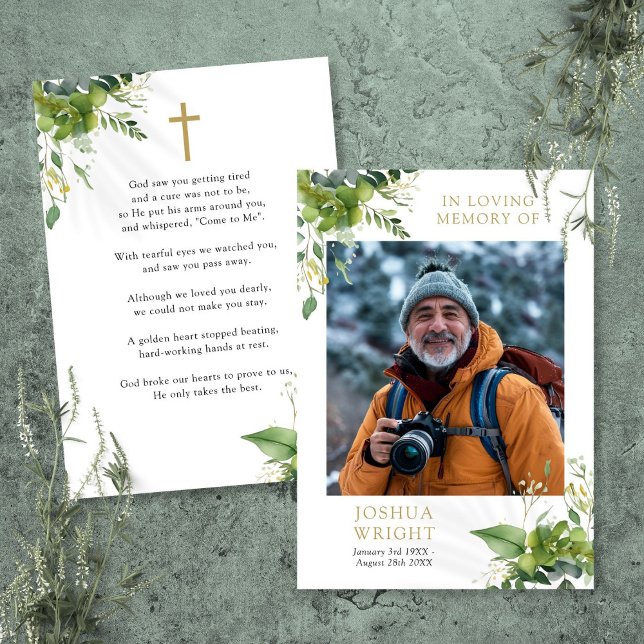 Begravningskort med foto och minnesbön (Greenery Memorial Funeral Prayer Photo Card)