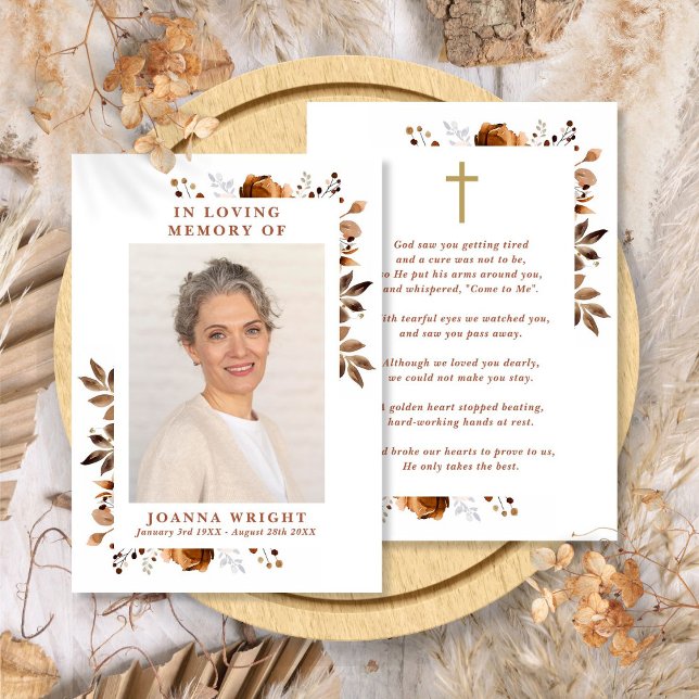 Begravningskort med lantlig blomsterdekoration (Rustic Floral Memorial Funeral Prayer Photo Card)