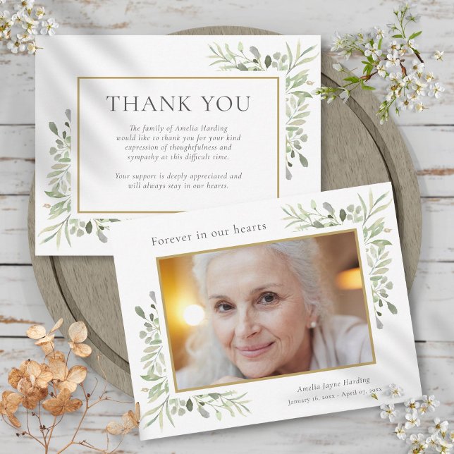 Begravningsminne Foto Vattenfärg Grönska Tack Kort (Funeral Photo Thank You Watercolor Leaves Card)