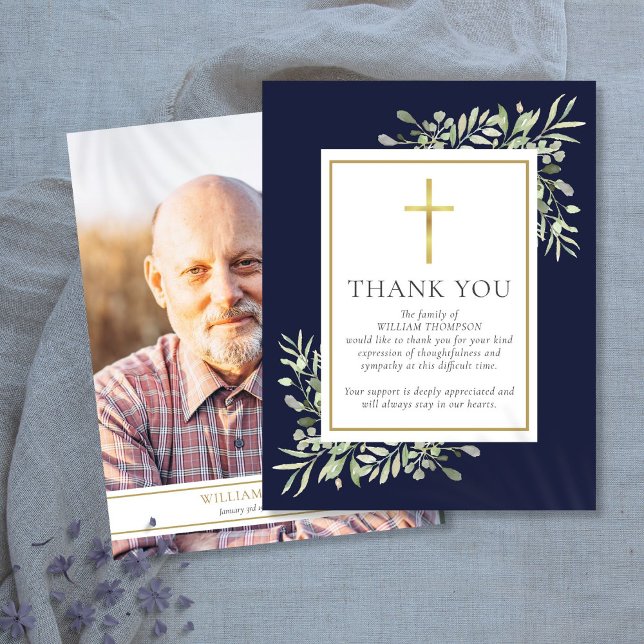 Begravningsminne Grönska Kristet Foto Tack Kort (Funeral Memorial Greenery Christian Photo Thank You Card)