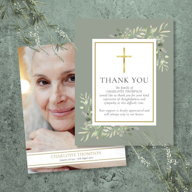 Begravningsminne Grönska Kristet Foto Tack Kort (Funeral Memorial Greenery Christian Photo Thank You Card)