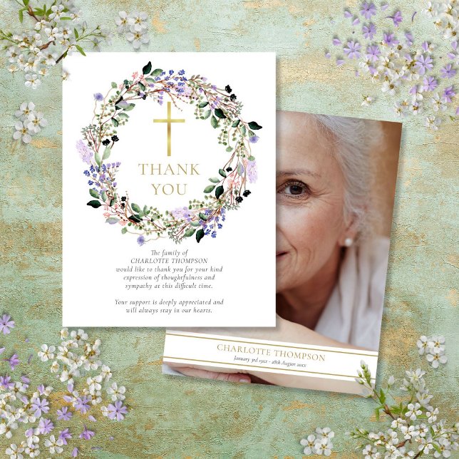 Begravningsminne Lavendel Blommig Kristet Foto Tack Kort (Funeral Memorial Lavender Floral Christian Photo Thank You Card)