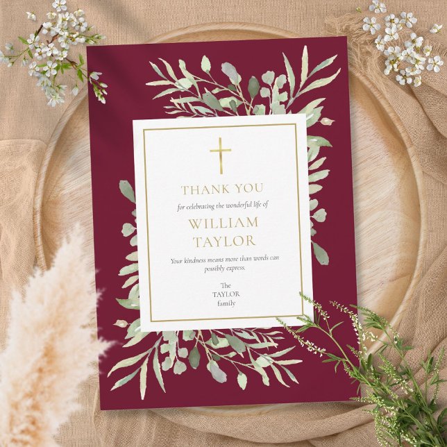Begravningsminne lövverk Burgundy kristen Tack Kort (Funeral Memorial Foliage Burgundy Christian Thank You Card)