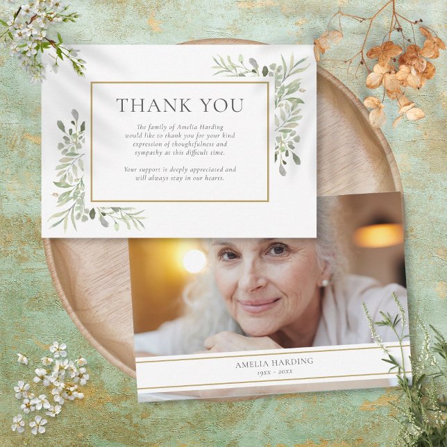 Begravningsminne Vattenfärg Blad Foto Tack Kort (Funeral Memorial Watercolor Foliage Photo Thank You Card)