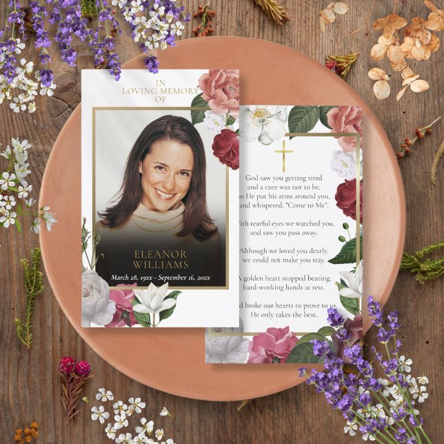 Begravningsminnes Blommiga Fotobönkort Visitkort (Funeral Memorial Floral Photo Prayer Cards)