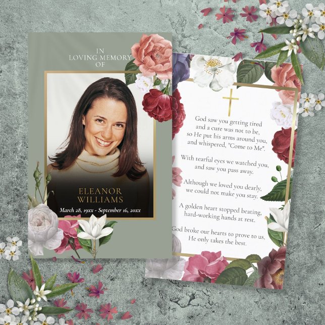 Begravningsminnes Blommiga Fotobönkort Visitkort (Funeral Memorial Floral Photo Prayer Cards)