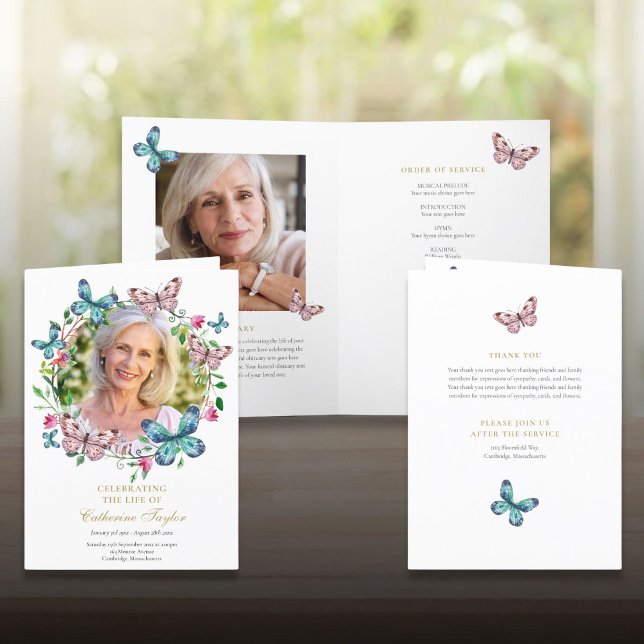Begravningsminnesgudstjänst Fjärilsfoto Program (Funeral Memorial Order Of Service Butterfly Photo Program)