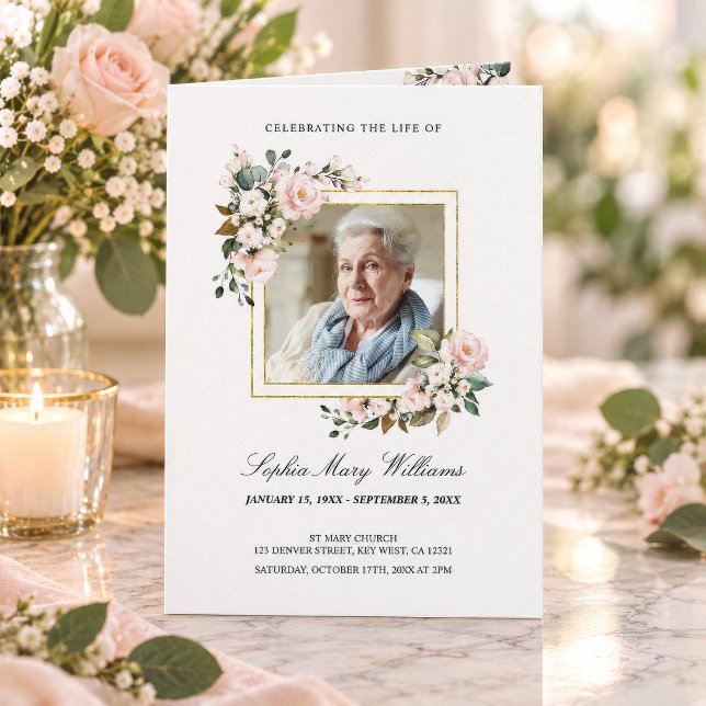 Begravningsprogram | Blommig minnesgudstjänst Program ("Celebrating the Life Of" funeral program with white floral gold frame photo, personalized)