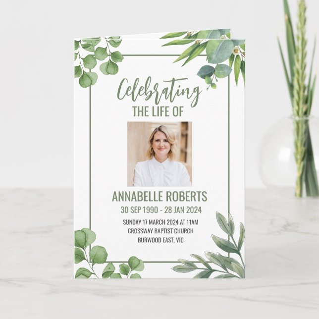 Begravningsprogram - Eucalyptus Löv Design Program (Framsida)