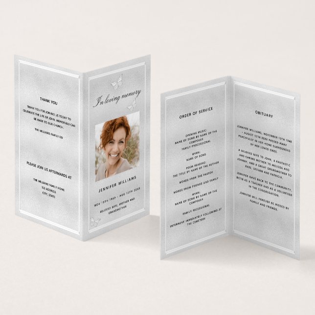 Begravningsprogram för fotobutterfluga i silver kort (In- och utsida)