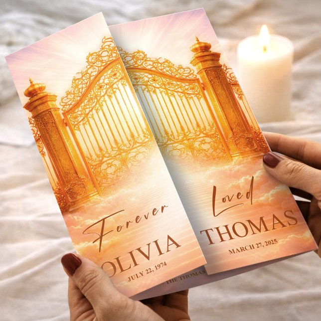 Begravningsprogram Guld Himlens Portar Minneshögti Reklamblad (Funeral Program Gold Heaven’s Gates Memorial Flyer, Funeral for Women, Loss of Mother)