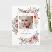 Begravningsprogram med blommotiv och foto