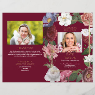 Begravningsprogram med blommotiv och personligt fo