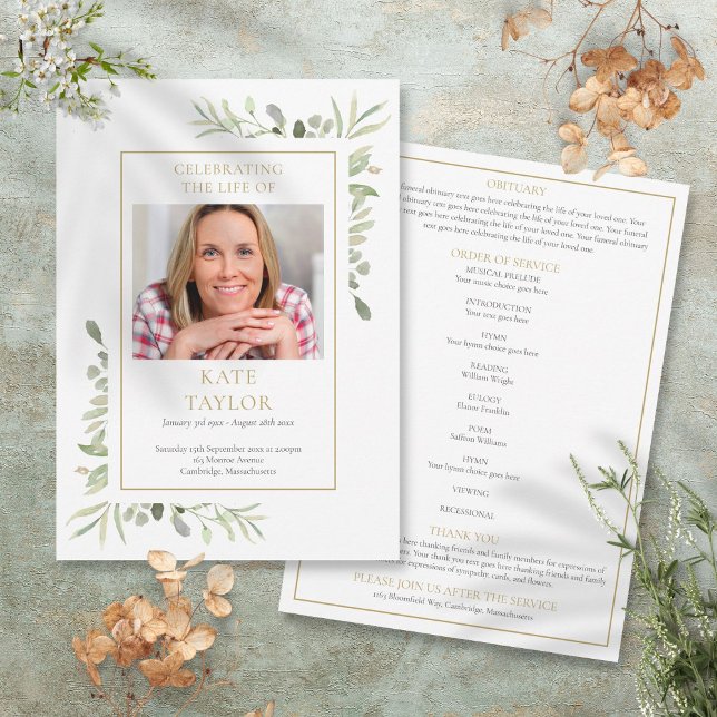 Begravningsprogram med grönska inbjudningar (Greenery Funeral Memorial Order Of Service Program)