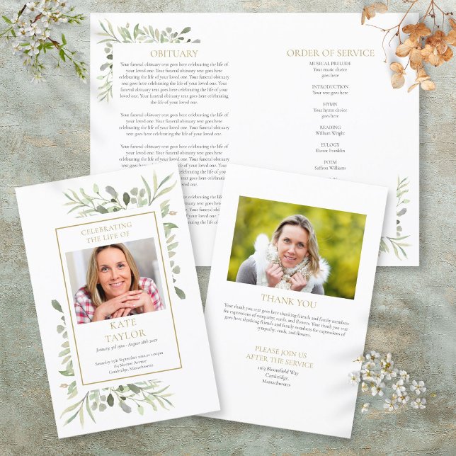 Begravningsprogram med grönskande växtlighet (Order Of Service Greenery Funeral Memorial Program)