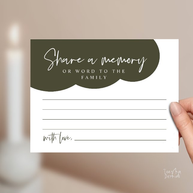 Begravningstjänst, Dela ett minne Minneskort Vykort (Funeral Service, Share a memory Memorial, word to family Card in olive green)