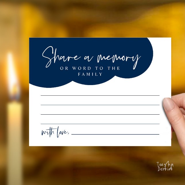 Begravningstjänst, Dela ett minne Minneskort Vykort (Funeral Service, Share a memory Memorial, word to family Card in Navy Blue)