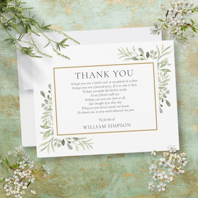 Begravningsvattenfärg Grönska Blommig Dikt Tack Kort (Funeral Watercolor Greenery Floral Poem Thank You Card)