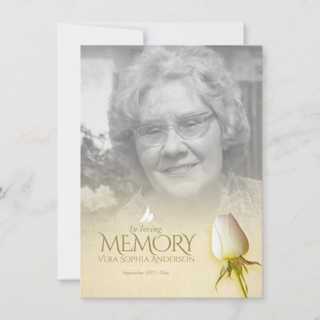 Begravningsvit ros foto minnesdikt (Framsida)