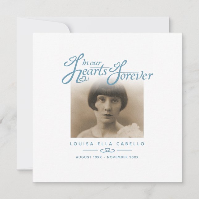 Begravt i våra hjärtan tack till er vita blå anteckningskort (Framsida)