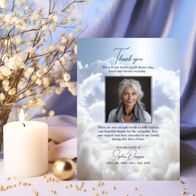Begravt tack till himmelmolnen Blå himmel Pampas Kort (Funeral Thank you Heaven Clouds Blue Sky Pampas Card)