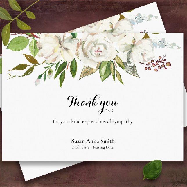 Begravt tackkort | Antique Vit ros Tack Kort (White roses sympathy bereavement memorial funeral thank you card)