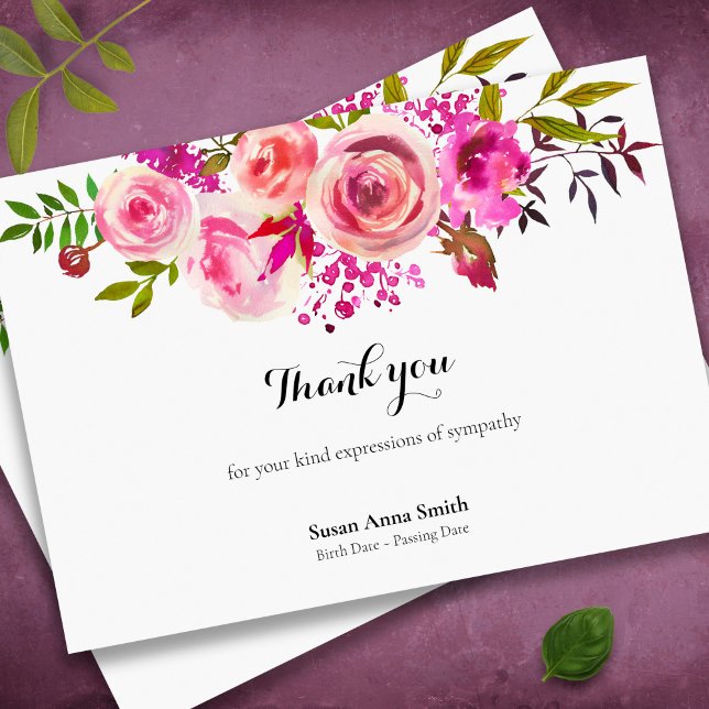 Begravt tackkort | Augusti Ro Tack Kort (Watercolor roses floral memorial sympathy funeral thank you card)
