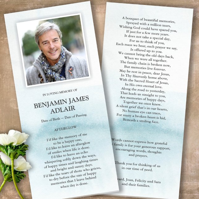 Begravt tackkort | Blå vattenfärg Tvättar 1 (Sympathy Photo Celebration of Life, In Loving Memory, Forever in our Hearts Funeral thank you cards)