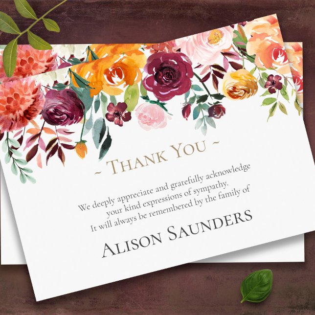 Begravt tackkort | Blommigt Paprika Tack Kort (Floral border sympathy bereavement funeral thank you card)