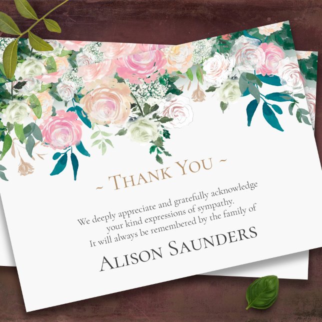 Begravt tackkort | BLOMMIGT Tack Kort (Elegant Floral Memorial Bereavement Funeral Thank You Card)
